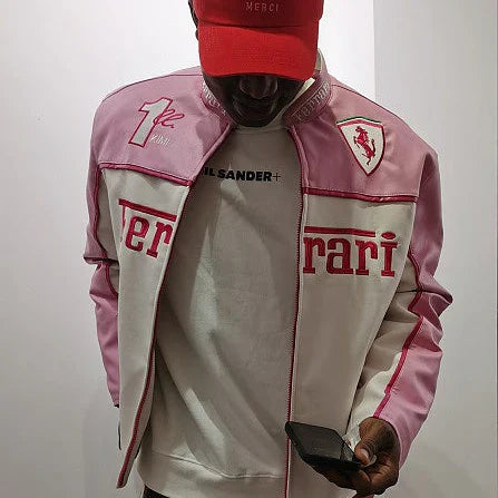 Giacca in Pelle Racing Rosa – Stile F1